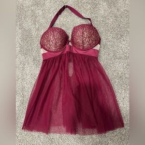 Victoria’s Secret Burgundy Push-Up Eyelash Lace Bra Halter Lingerie Babydoll 34D